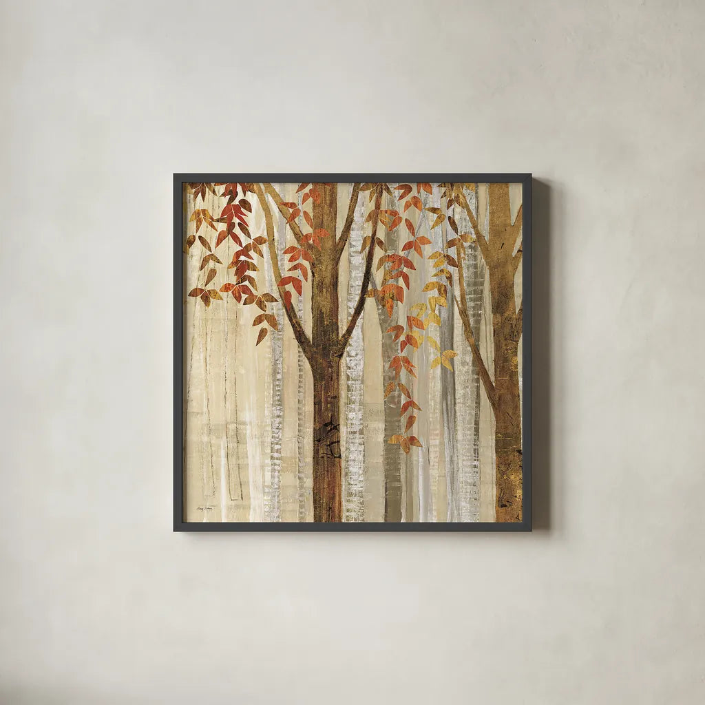 Down to the Woods Autumn Square II by Avery Tillmon. Shown in a sleek black glass frame for a contemporary gallery look. Available as an archival giclee rolled canvas, fine art paper, or poster print. SKU 49551a.