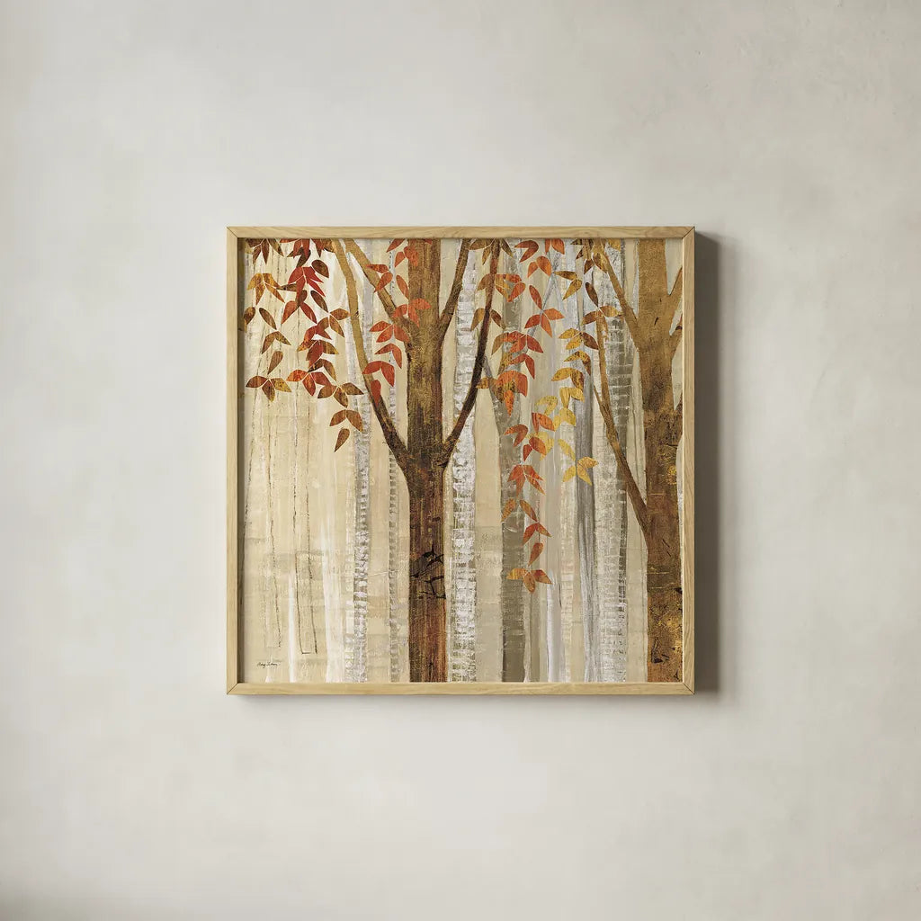 Down to the Woods Autumn Square II by Avery Tillmon. Shown in a natural wood glass frame for a timeless modern aesthetic. Available as an archival giclee rolled canvas, fine art paper, or poster print. SKU 49551a.