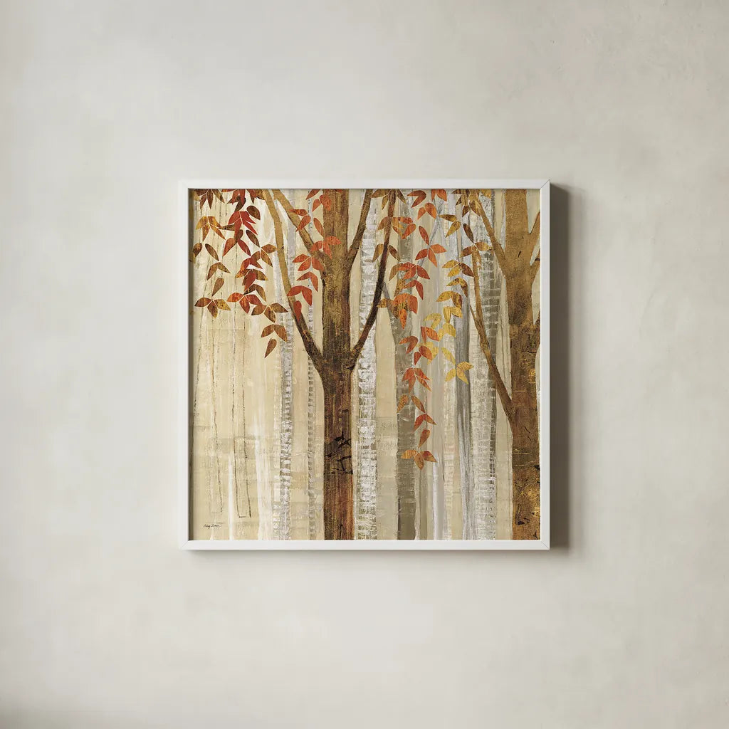 Down to the Woods Autumn Square II by Avery Tillmon. Shown in a crisp white glass frame for a clean and minimalist style. Available as an archival giclee rolled canvas, fine art paper, or poster print. SKU 49551a.
