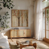 Down to the Woods Autumn Square II by Avery Tillmon. Shown in a natural wood frame in a cozy modern living room. Available as an archival giclee rolled canvas, fine art paper, or poster print. SKU 49551a.