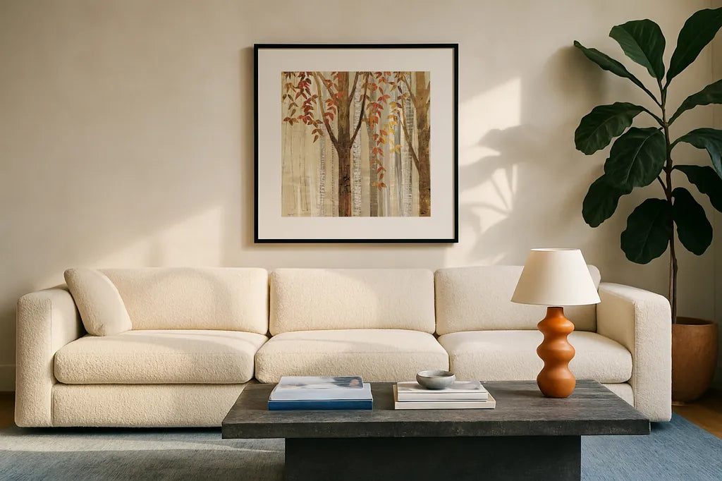 Down to the Woods Autumn Square II by Avery Tillmon. Displayed in a glass frame with matte in a clean modern living room. Available as an archival giclee rolled canvas, fine art paper, or poster print. SKU 49551a.