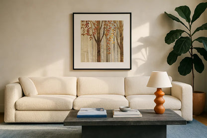 Down to the Woods Autumn Square II by Avery Tillmon. Displayed in a glass frame with matte in a clean modern living room. Available as an archival giclee rolled canvas, fine art paper, or poster print. SKU 49551a.