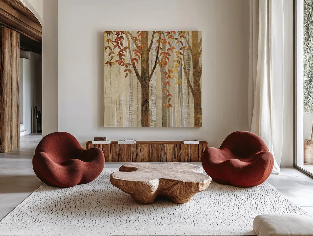 Down to the Woods Autumn Square II by Avery Tillmon. Shown as extra-large giant wall art in a modern living room. Available as an archival giclee rolled canvas, fine art paper, or poster print. SKU 49551a.