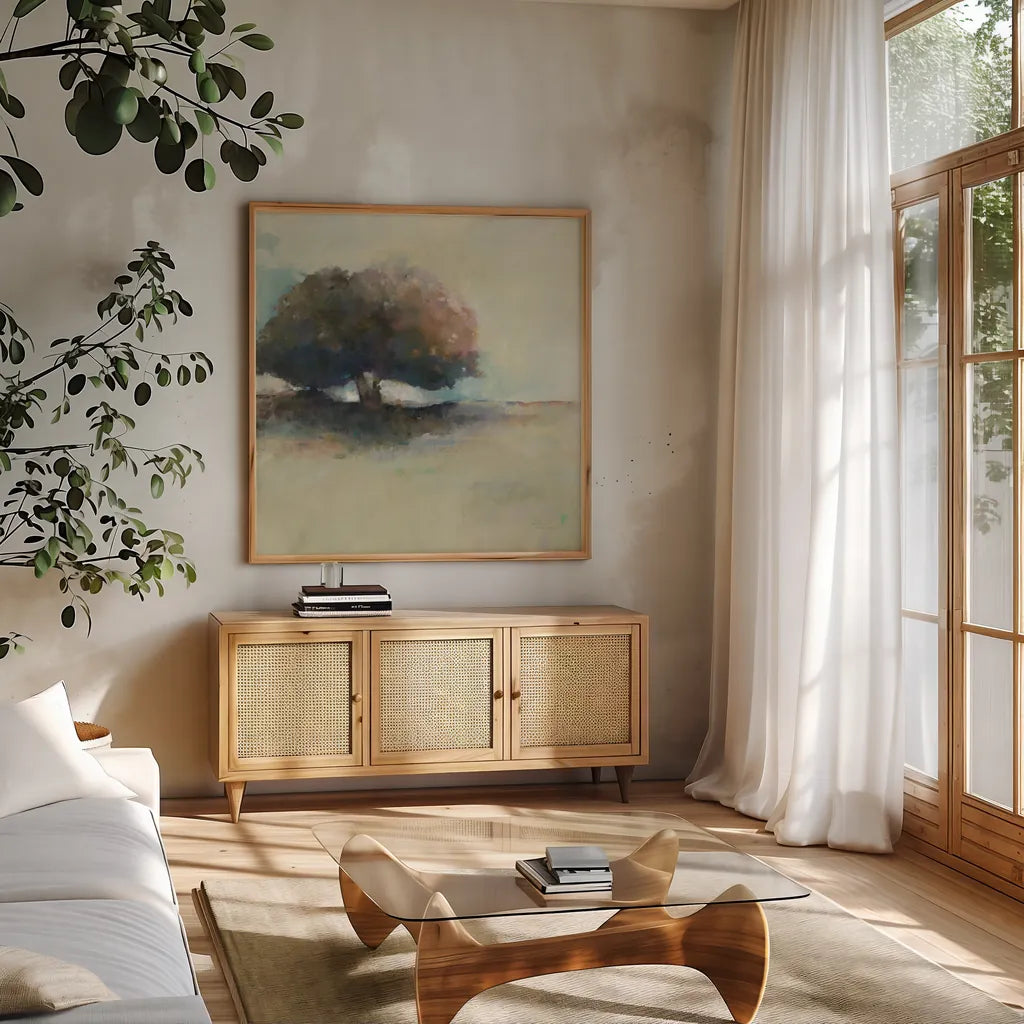 Early Monday by Avery Tillmon. Shown in a natural wood frame in a cozy modern living room. Available as an archival giclee rolled canvas, fine art paper, or poster print. SKU 34376a.