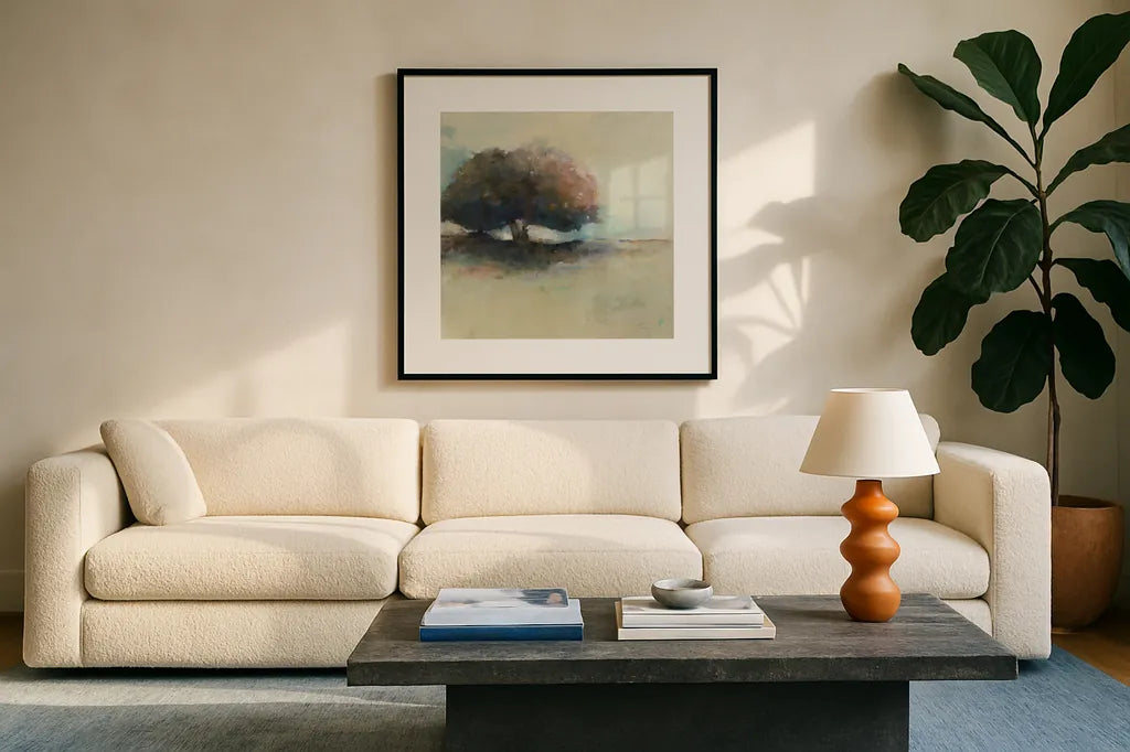 Early Monday by Avery Tillmon. Displayed in a glass frame with matte in a clean modern living room. Available as an archival giclee rolled canvas, fine art paper, or poster print. SKU 34376a.