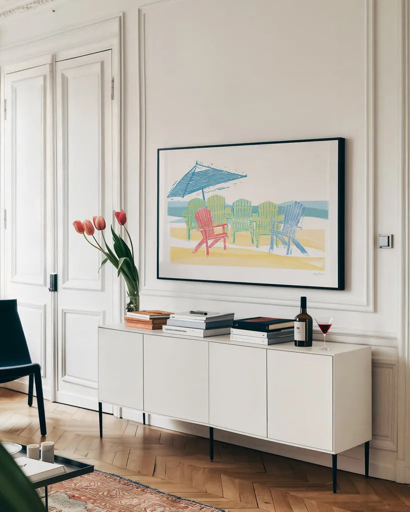 Easy Life I by Avery Tillmon. shown as a framed stretched canvas in a living room above a console. Available as a archival giclee rolled canvas, fine art paper, or poster print. SKU 48762i.