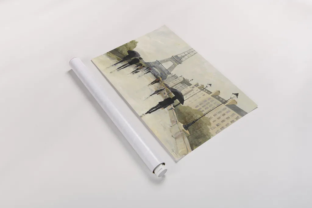 Eiffel in the Rain by Avery Tillmon. shown as a rolled paper print. Available as archival giclee rolled canvas, fine art paper, or poster print. SKU 16714i.