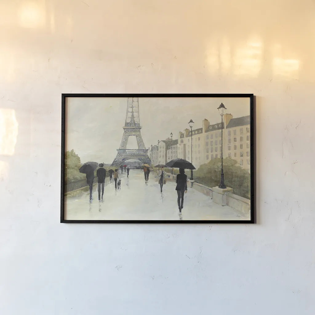 Eiffel in the Rain by Avery Tillmon. shown as a paper print in a black flame. Available as a archival giclee rolled canvas, fine art paper, or poster print. SKU 16714i.
