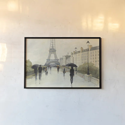 Eiffel in the Rain by Avery Tillmon. shown as a paper print in a black flame. Available as a archival giclee rolled canvas, fine art paper, or poster print. SKU 16714i.