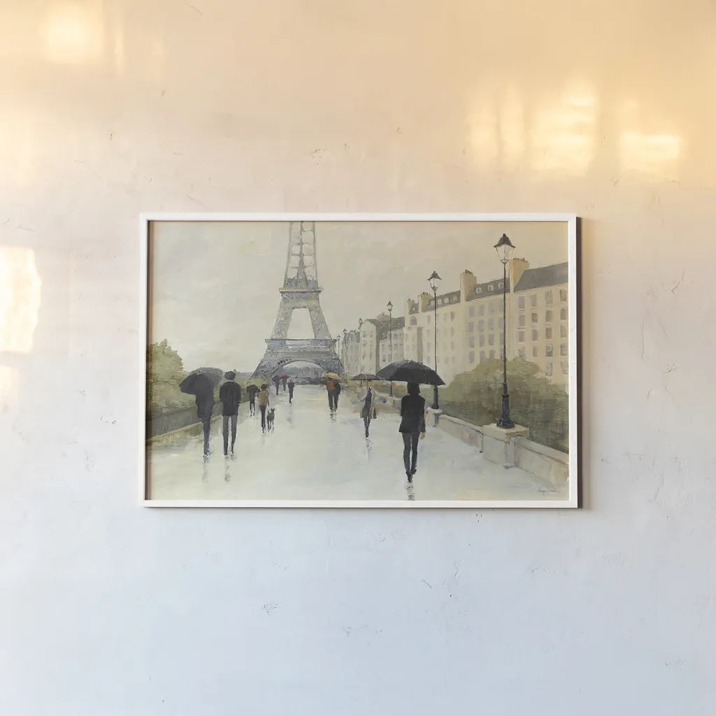 Eiffel in the Rain by Avery Tillmon. shown as a paper print in a white frame. Available as a archival giclee rolled canvas, fine art paper, or poster print. SKU 16714i.