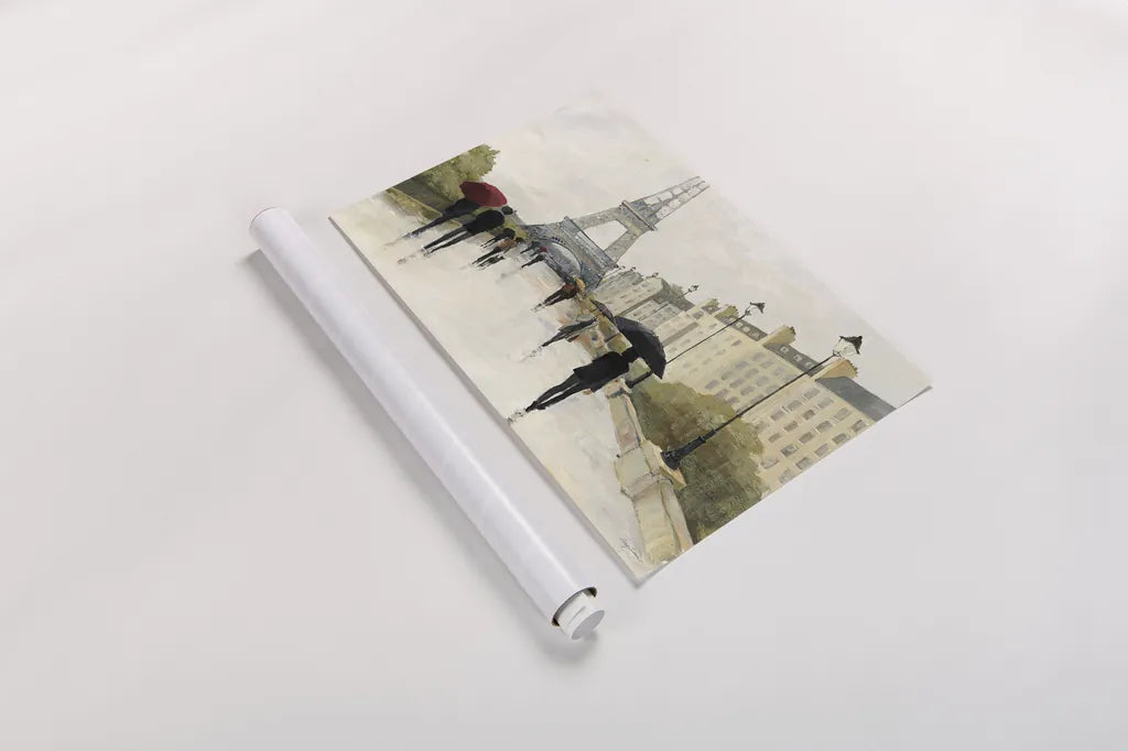 Eiffel in the Rain Marsala Umbrella by Avery Tillmon. shown as a rolled paper print. Available as archival giclee rolled canvas, fine art paper, or poster print. SKU 17039i.