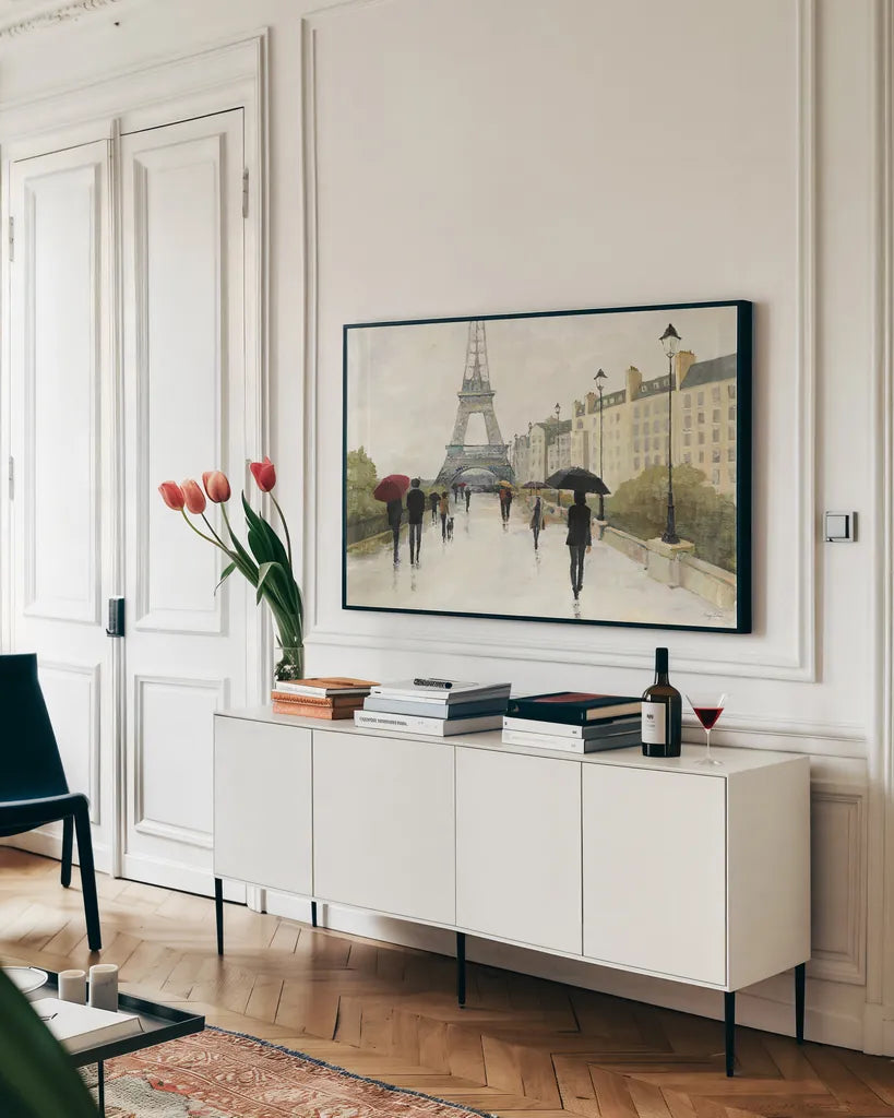 Eiffel in the Rain Marsala Umbrella by Avery Tillmon. shown as a framed stretched canvas in a living room above a console. Available as a archival giclee rolled canvas, fine art paper, or poster print. SKU 17039i.