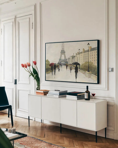 Eiffel in the Rain Marsala Umbrella by Avery Tillmon. shown as a framed stretched canvas in a living room above a console. Available as a archival giclee rolled canvas, fine art paper, or poster print. SKU 17039i.