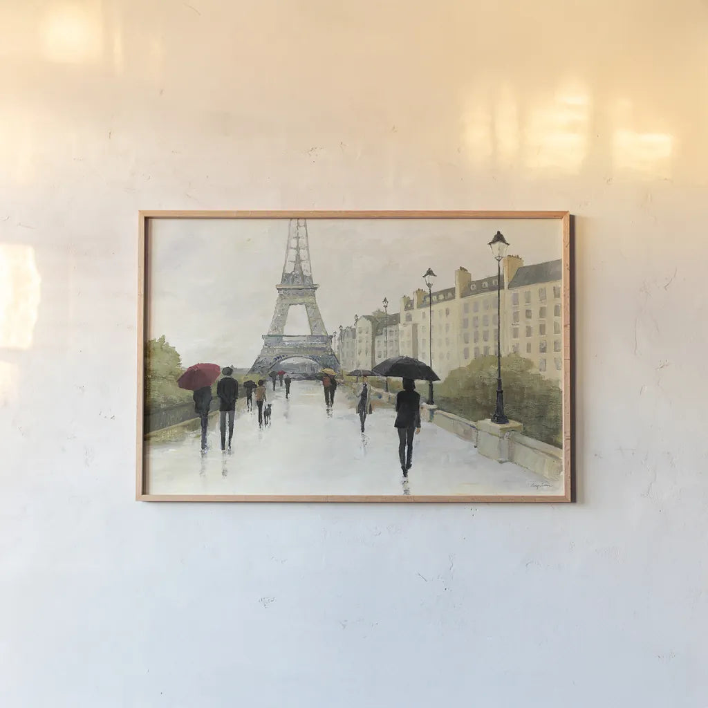 Eiffel in the Rain Marsala Umbrella by Avery Tillmon. shown as a paper print in a natural frame. Available as a archival giclee rolled canvas, fine art paper, or poster print. SKU 17039i.