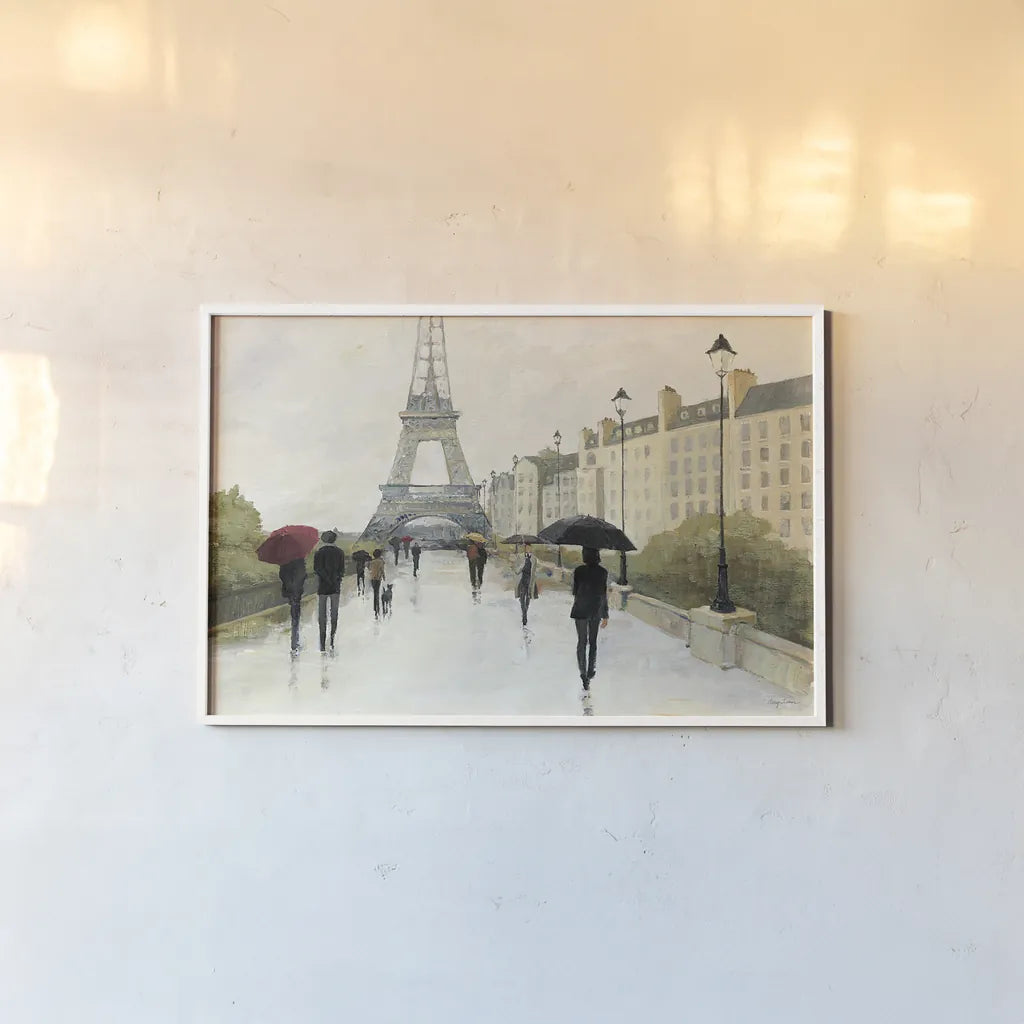 Eiffel in the Rain Marsala Umbrella by Avery Tillmon. shown as a paper print in a white frame. Available as a archival giclee rolled canvas, fine art paper, or poster print. SKU 17039i.