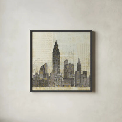 Empire Skyline Square by Avery Tillmon. Shown in a sleek black glass frame for a contemporary gallery look. Available as an archival giclee rolled canvas, fine art paper, or poster print. SKU 11172a.