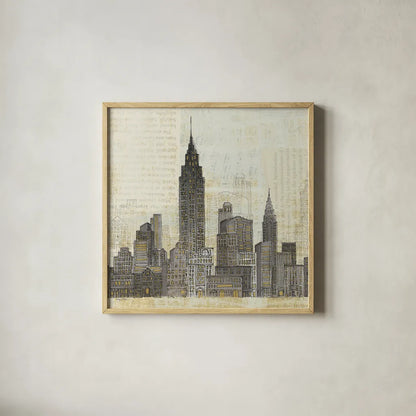 Empire Skyline Square by Avery Tillmon. Shown in a natural wood glass frame for a timeless modern aesthetic. Available as an archival giclee rolled canvas, fine art paper, or poster print. SKU 11172a.