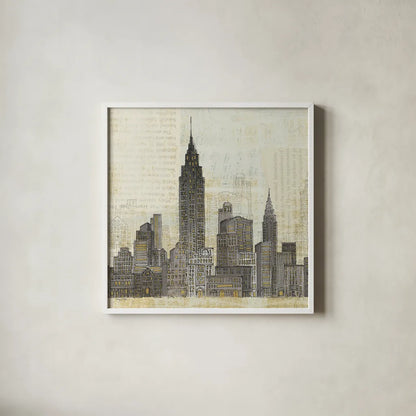 Empire Skyline Square by Avery Tillmon. Shown in a crisp white glass frame for a clean and minimalist style. Available as an archival giclee rolled canvas, fine art paper, or poster print. SKU 11172a.