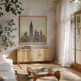 Empire Skyline Square by Avery Tillmon. Shown in a natural wood frame in a cozy modern living room. Available as an archival giclee rolled canvas, fine art paper, or poster print. SKU 11172a.