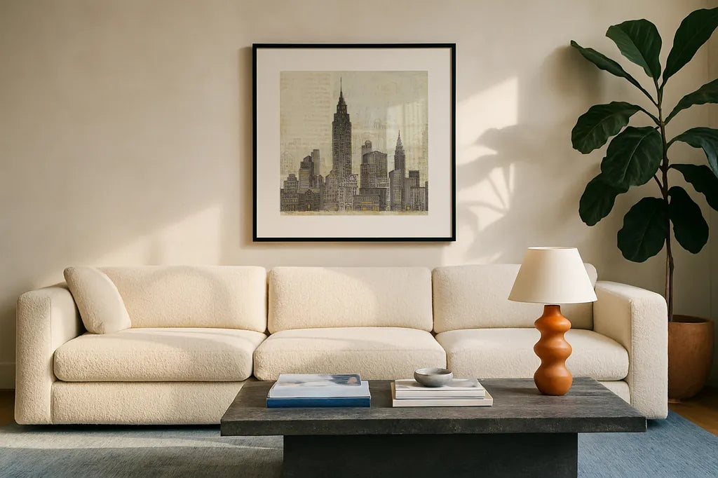 Empire Skyline Square by Avery Tillmon. Displayed in a glass frame with matte in a clean modern living room. Available as an archival giclee rolled canvas, fine art paper, or poster print. SKU 11172a.