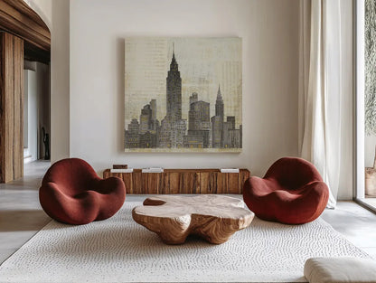 Empire Skyline Square by Avery Tillmon. Shown as extra-large giant wall art in a modern living room. Available as an archival giclee rolled canvas, fine art paper, or poster print. SKU 11172a.