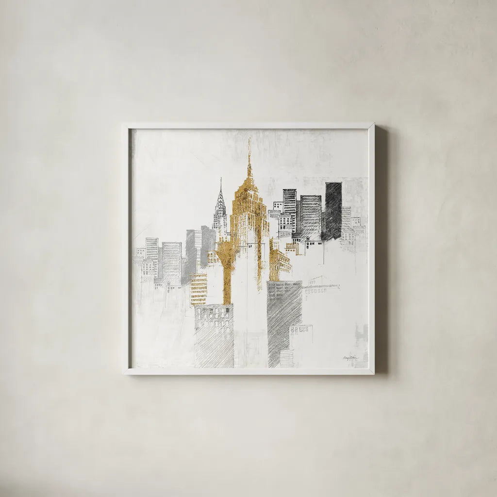 Empire State Building No Words by Avery Tillmon. Shown in a crisp white glass frame for a clean and minimalist style. Available as an archival giclee rolled canvas, fine art paper, or poster print. SKU 49633a.