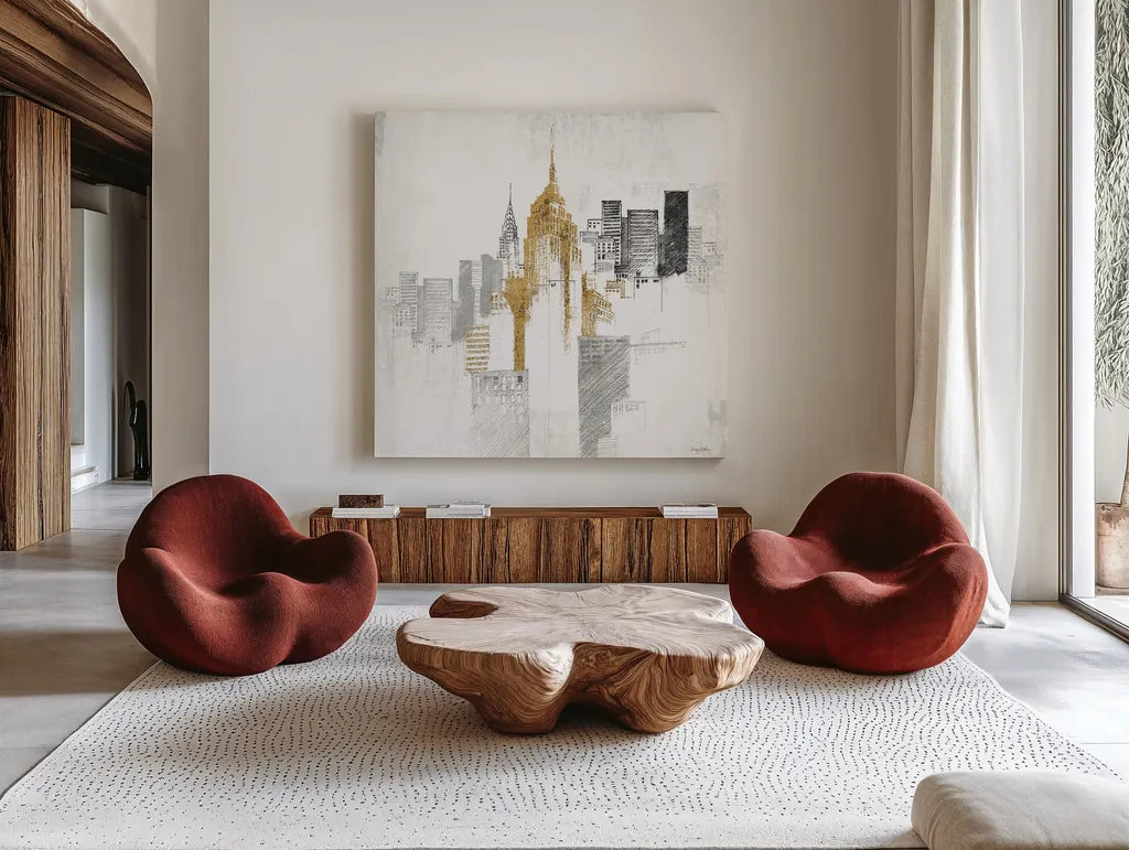 Empire State Building No Words by Avery Tillmon. Shown as extra-large giant wall art in a modern living room. Available as an archival giclee rolled canvas, fine art paper, or poster print. SKU 49633a.