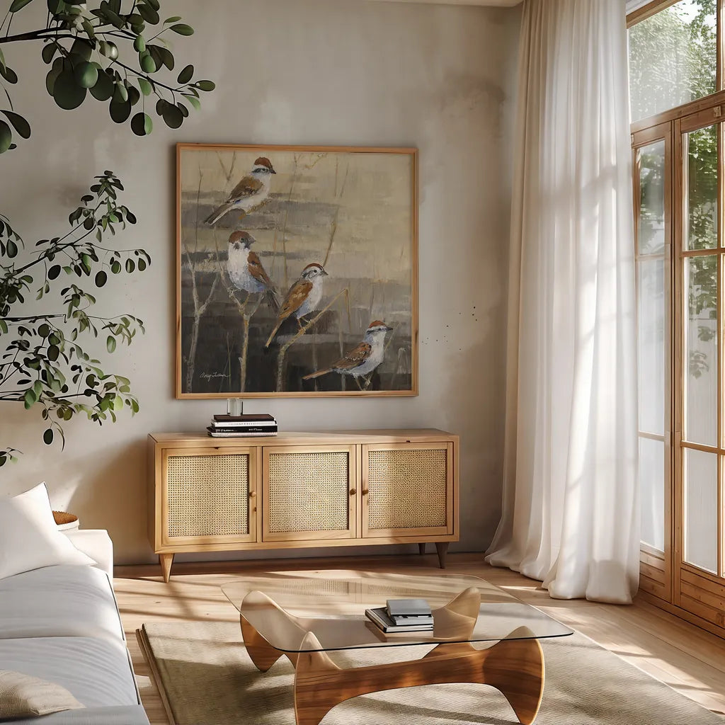 Evening Sanctuary II by Avery Tillmon. Shown in a natural wood frame in a cozy modern living room. Available as an archival giclee rolled canvas, fine art paper, or poster print. SKU 13242a.