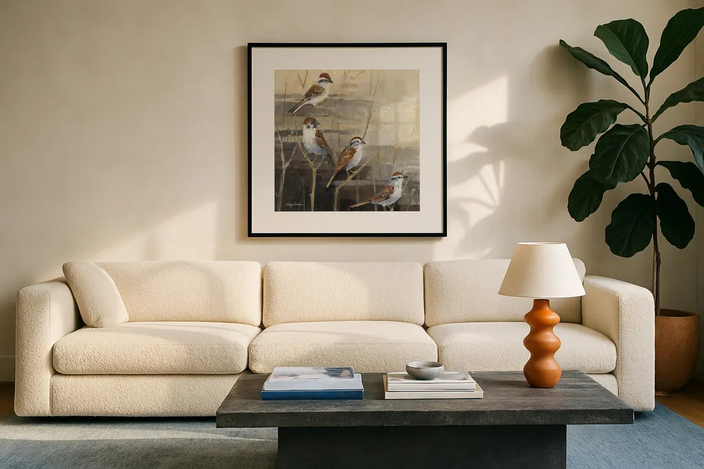 Evening Sanctuary II by Avery Tillmon. Displayed in a glass frame with matte in a clean modern living room. Available as an archival giclee rolled canvas, fine art paper, or poster print. SKU 13242a.