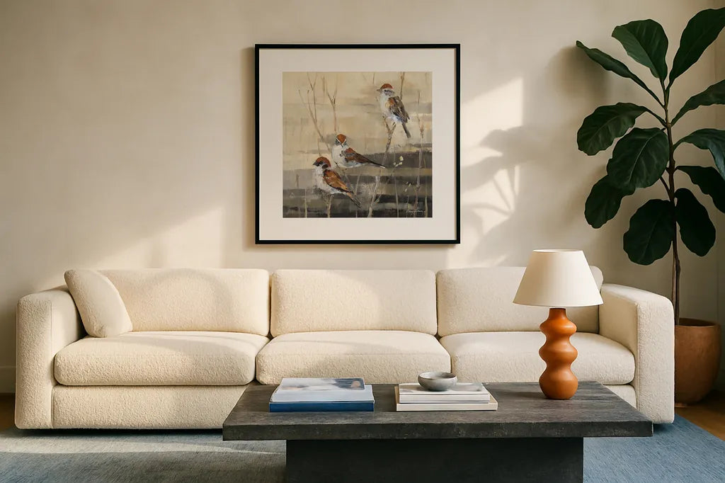 Evening Sanctuary III by Avery Tillmon. Displayed in a glass frame with matte in a clean modern living room. Available as an archival giclee rolled canvas, fine art paper, or poster print. SKU 13243a.