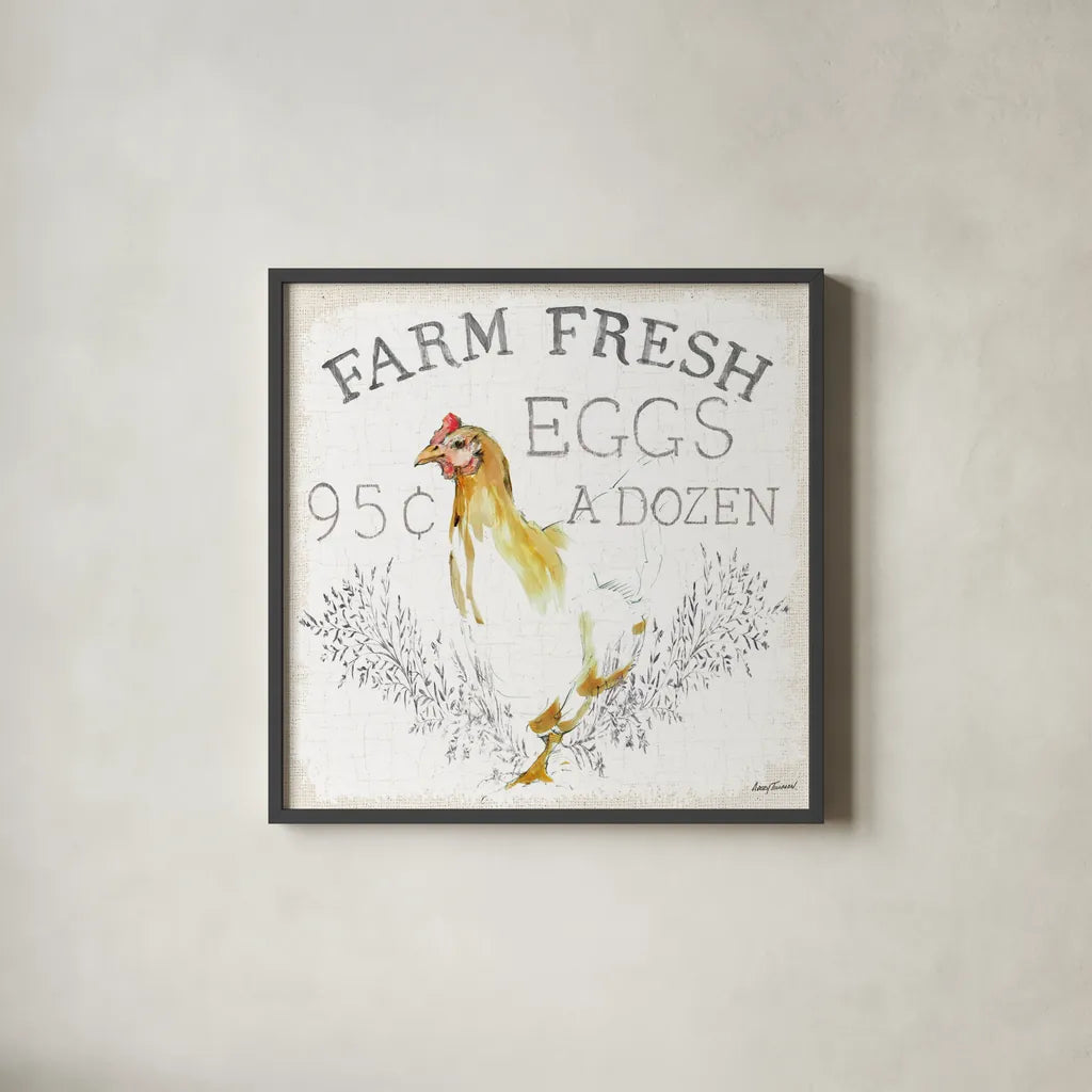 Farm Fresh burlap by Avery Tillmon. Shown in a sleek black glass frame for a contemporary gallery look. Available as an archival giclee rolled canvas, fine art paper, or poster print. SKU 58149a.