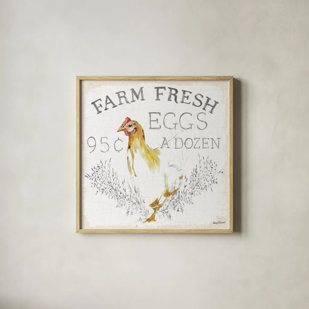 Farm Fresh burlap by Avery Tillmon. Shown in a natural wood glass frame for a timeless modern aesthetic. Available as an archival giclee rolled canvas, fine art paper, or poster print. SKU 58149a.