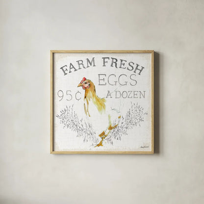 Farm Fresh burlap by Avery Tillmon. Shown in a natural wood glass frame for a timeless modern aesthetic. Available as an archival giclee rolled canvas, fine art paper, or poster print. SKU 58149a.
