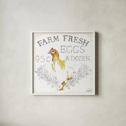 Farm Fresh burlap by Avery Tillmon. Shown in a crisp white glass frame for a clean and minimalist style. Available as an archival giclee rolled canvas, fine art paper, or poster print. SKU 58149a.