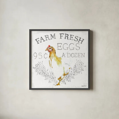Farm Fresh enamel by Avery Tillmon. Shown in a sleek black glass frame for a contemporary gallery look. Available as an archival giclee rolled canvas, fine art paper, or poster print. SKU 58151a.
