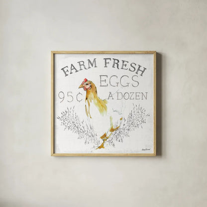 Farm Fresh enamel by Avery Tillmon. Shown in a natural wood glass frame for a timeless modern aesthetic. Available as an archival giclee rolled canvas, fine art paper, or poster print. SKU 58151a.