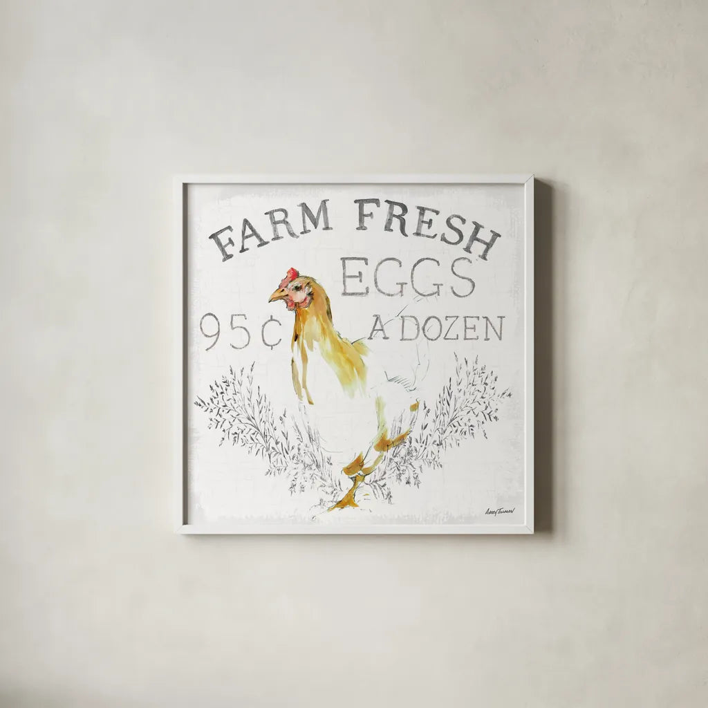 Farm Fresh enamel by Avery Tillmon. Shown in a crisp white glass frame for a clean and minimalist style. Available as an archival giclee rolled canvas, fine art paper, or poster print. SKU 58151a.