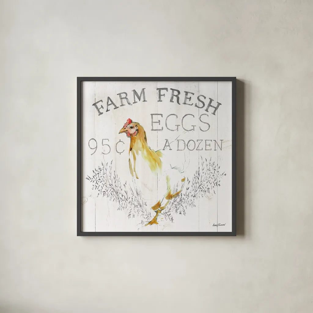 Farm Fresh wood by Avery Tillmon. Shown in a sleek black glass frame for a contemporary gallery look. Available as an archival giclee rolled canvas, fine art paper, or poster print. SKU 58150a.