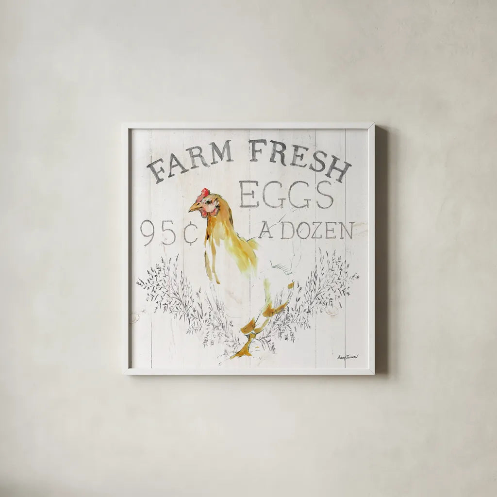 Farm Fresh wood by Avery Tillmon. Shown in a crisp white glass frame for a clean and minimalist style. Available as an archival giclee rolled canvas, fine art paper, or poster print. SKU 58150a.
