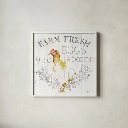 Farm Fresh wood by Avery Tillmon. Shown in a crisp white glass frame for a clean and minimalist style. Available as an archival giclee rolled canvas, fine art paper, or poster print. SKU 58150a.