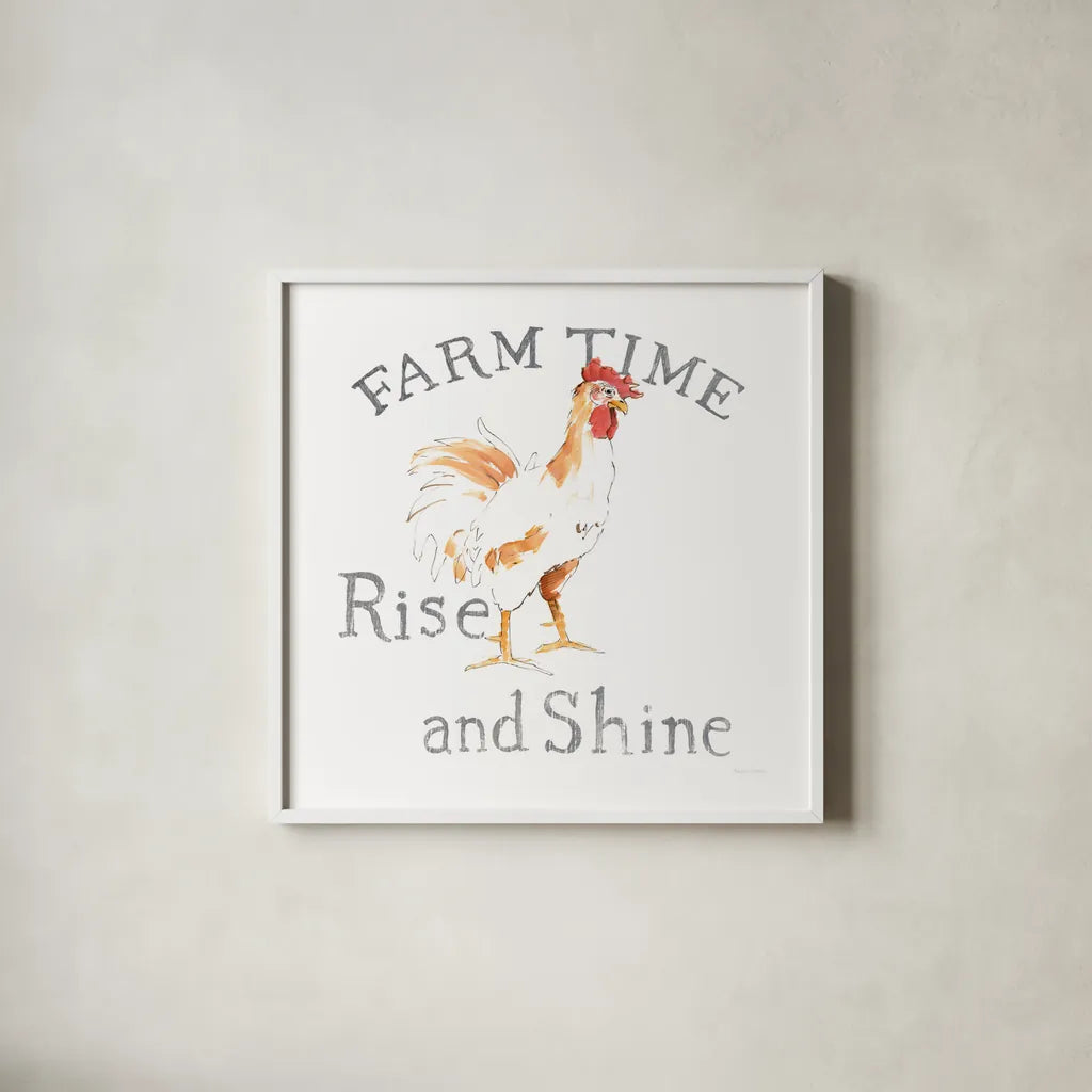 Farm Time by Avery Tillmon. Shown in a crisp white glass frame for a clean and minimalist style. Available as an archival giclee rolled canvas, fine art paper, or poster print. SKU 58142a.