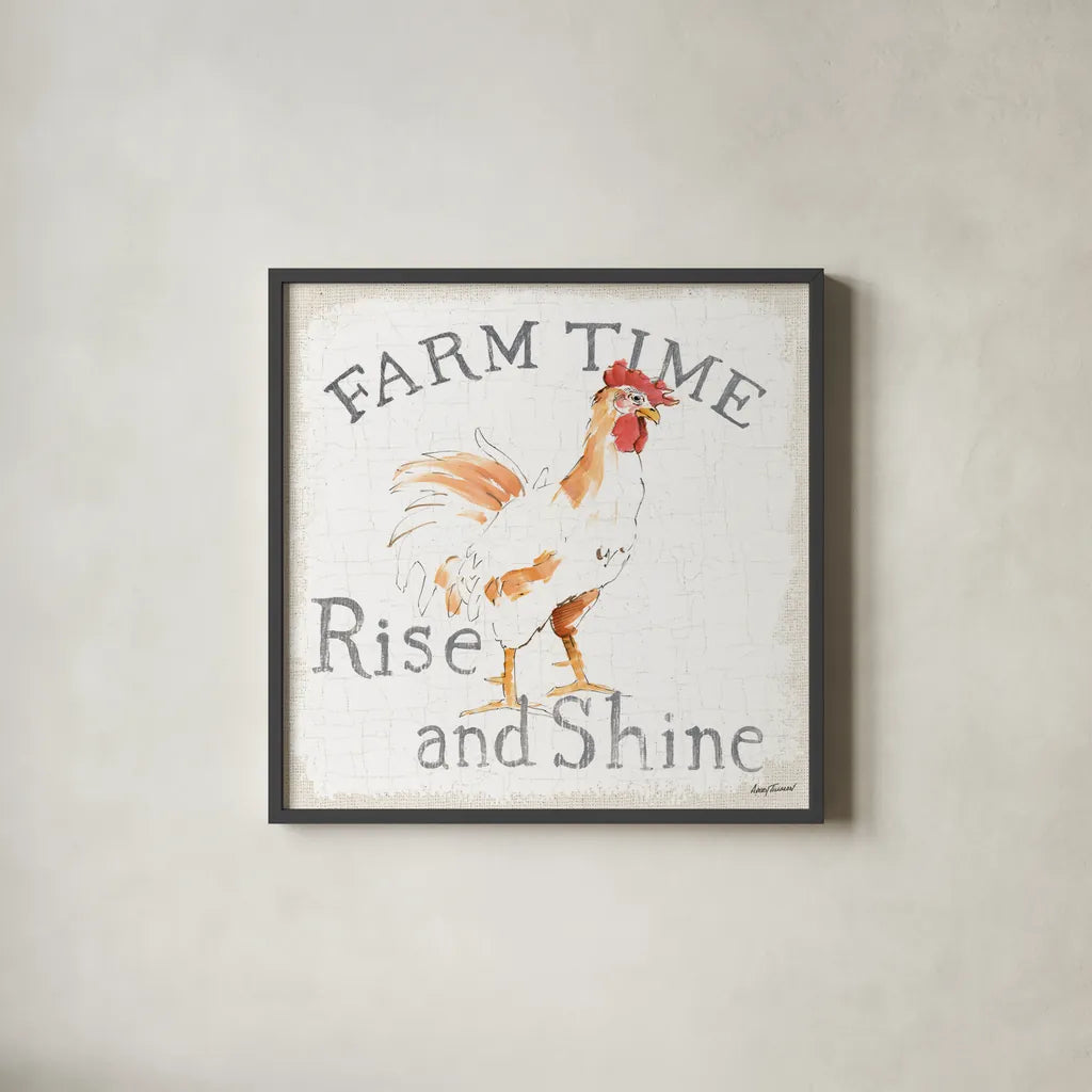 Farm Time burlap by Avery Tillmon. Shown in a sleek black glass frame for a contemporary gallery look. Available as an archival giclee rolled canvas, fine art paper, or poster print. SKU 58155a.