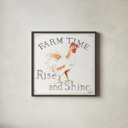 Farm Time burlap by Avery Tillmon. Shown in a sleek black glass frame for a contemporary gallery look. Available as an archival giclee rolled canvas, fine art paper, or poster print. SKU 58155a.