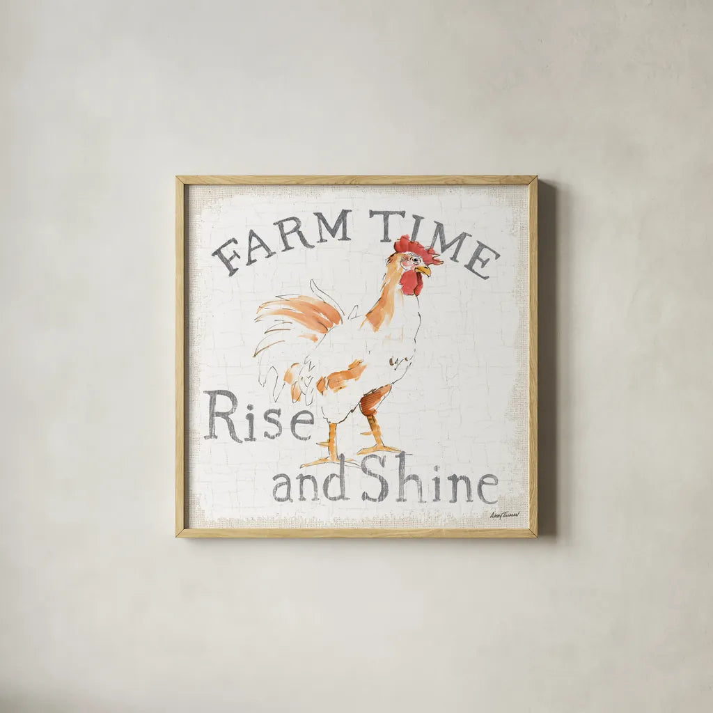 Farm Time burlap by Avery Tillmon. Shown in a natural wood glass frame for a timeless modern aesthetic. Available as an archival giclee rolled canvas, fine art paper, or poster print. SKU 58155a.