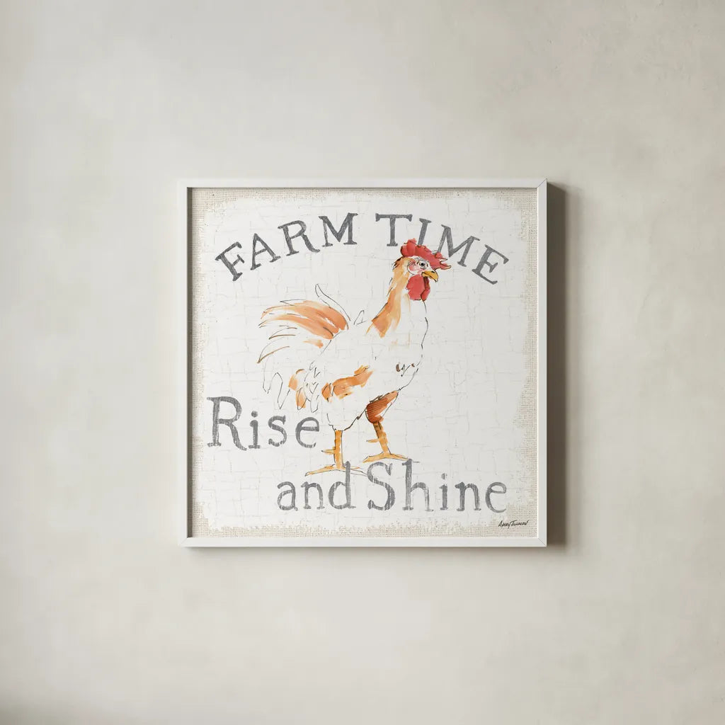 Farm Time burlap by Avery Tillmon. Shown in a crisp white glass frame for a clean and minimalist style. Available as an archival giclee rolled canvas, fine art paper, or poster print. SKU 58155a.