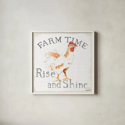 Farm Time burlap by Avery Tillmon. Shown in a crisp white glass frame for a clean and minimalist style. Available as an archival giclee rolled canvas, fine art paper, or poster print. SKU 58155a.
