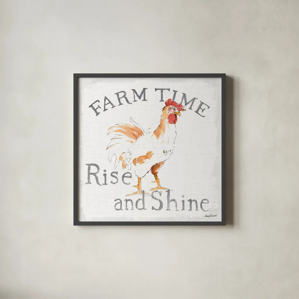 Farm Time enamel by Avery Tillmon. Shown in a sleek black glass frame for a contemporary gallery look. Available as an archival giclee rolled canvas, fine art paper, or poster print. SKU 58157a.