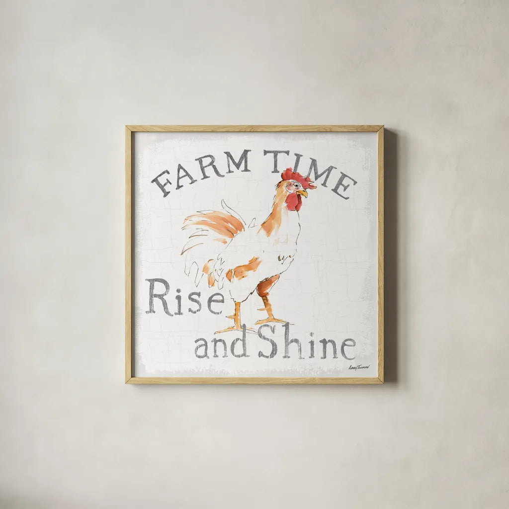 Farm Time enamel by Avery Tillmon. Shown in a natural wood glass frame for a timeless modern aesthetic. Available as an archival giclee rolled canvas, fine art paper, or poster print. SKU 58157a.