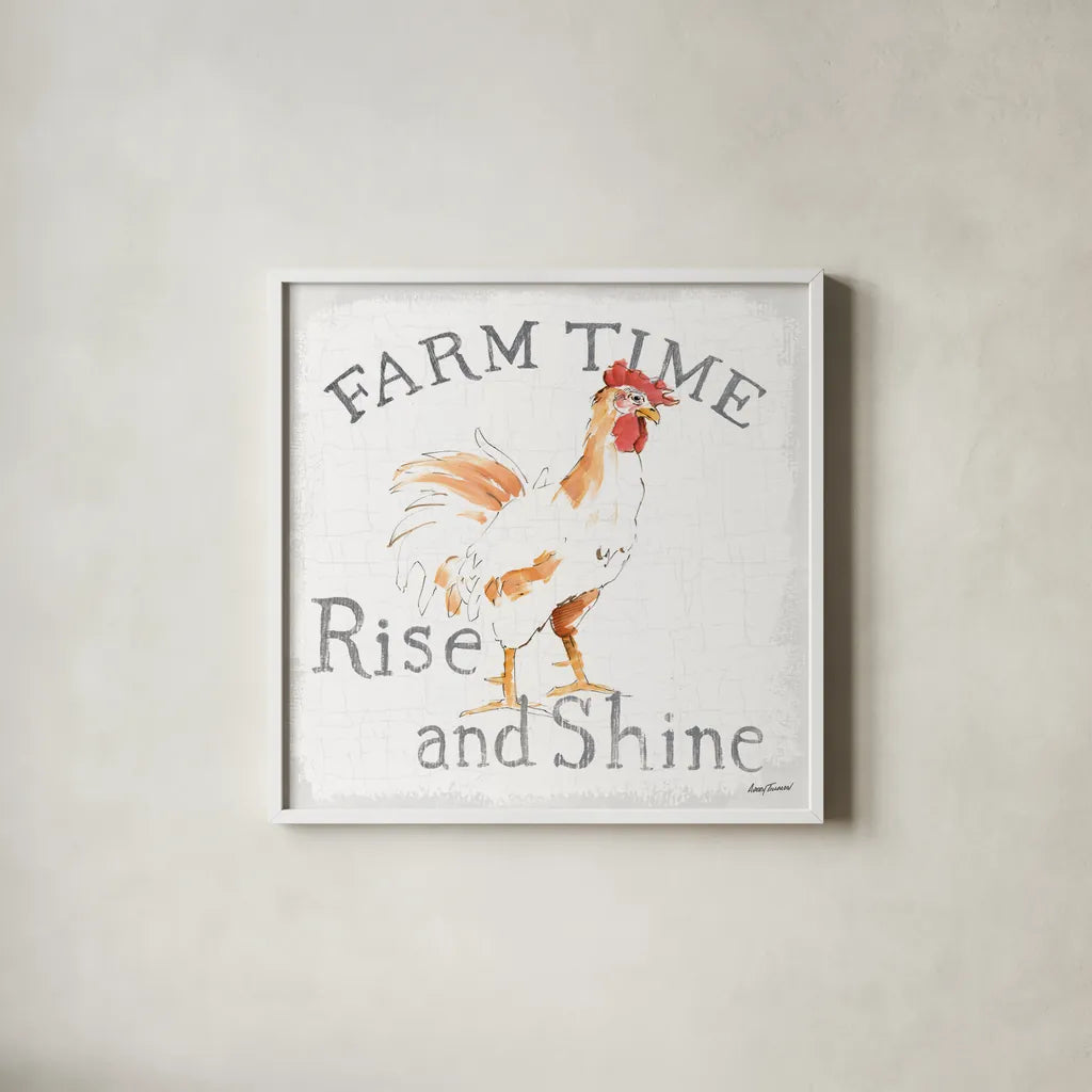 Farm Time enamel by Avery Tillmon. Shown in a crisp white glass frame for a clean and minimalist style. Available as an archival giclee rolled canvas, fine art paper, or poster print. SKU 58157a.