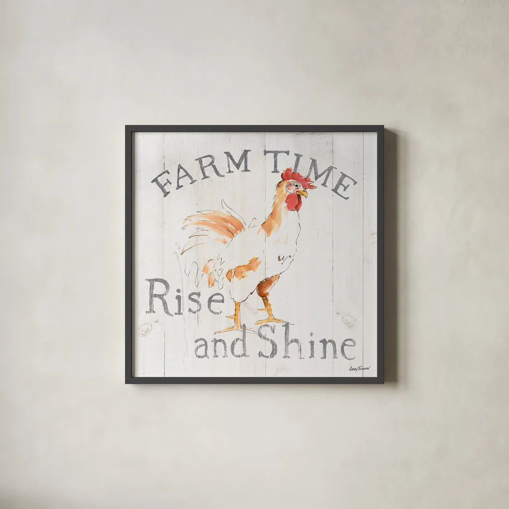 Farm Time wood by Avery Tillmon. Shown in a sleek black glass frame for a contemporary gallery look. Available as an archival giclee rolled canvas, fine art paper, or poster print. SKU 58156a.